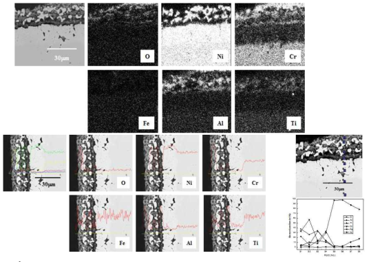 Cross-sectional SEM image and maps of O, Ni, Cr, Fe, Al and Ti, line profile analysis and point quantitative analysis of N80A corroded at 650℃ for 72 h.