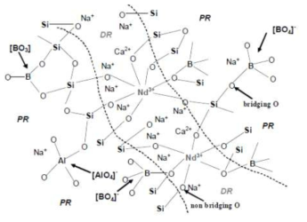 Representative structure of RE-bearing alumino-borosilicate (LABS) glass.