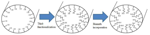 Thiol 기능기를 이용한 메조기공 실리카의 표면개질 및 비스무스 담지의 개략도
