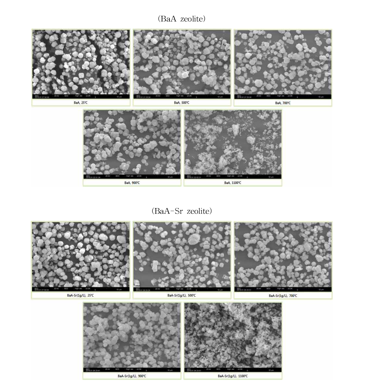 SEM images of BaA (Ba : 21.8 wt%) and BaA-Sr (Sr : 4.52 wt%, Ba : 21.817wt%) zeolite.