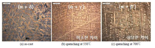 주석 22% 함유 유기합금에서 열처리 공정의 차이에 의한 색상 차이