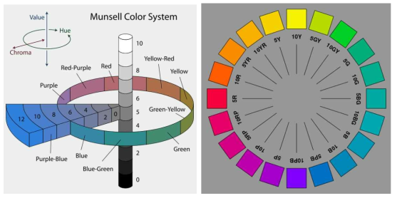 Munsell color system의 구성요소와 10YR로 표시되는 유기의 색상