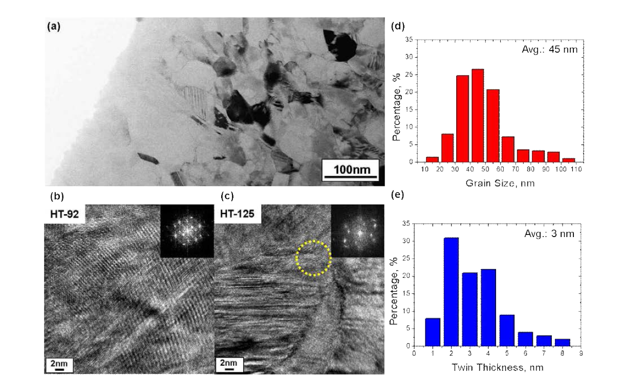 HT 조건에서 고압 비틀림 공정 처리된 TWIP강 시편의 미세구조 변화 관찰 결과.