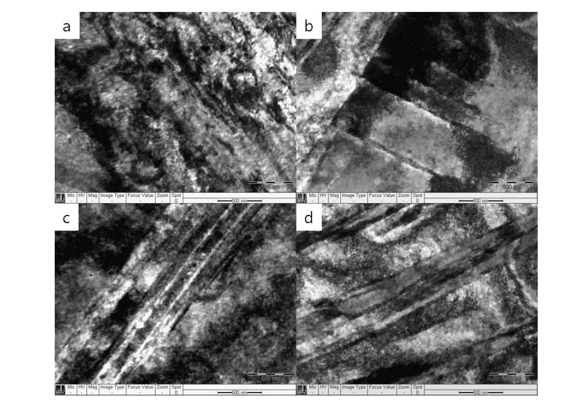 등통로각 압축 공정을 시행한 TWIP강의 투과전자현미경 관찰 결과.