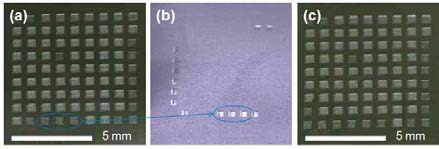 떨어짐 테스트 후 (a) SU-8, (b) 3M tape로 떨어져 나온 SU-8 패턴, (c) 양면테이프로 떨어짐 테스트 후의 SU-8