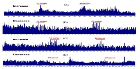 infralimbic cortex 또는 prelimbic cortex 자극 후 복측피개영역 가바신경세포 발화 양상.