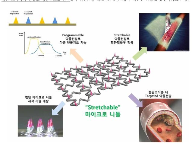 프로그래머블 약물전달이 가능한 심혈관질환 치료용 “Stretchable” 마이크로 니들 디바이스 개념도