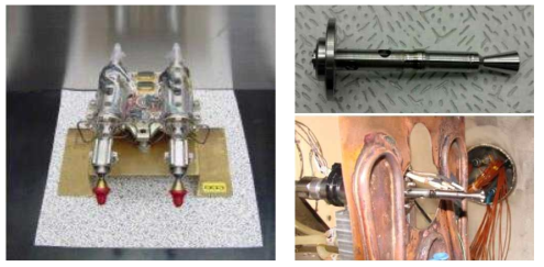 저궤도위성용 5 N 급 이중추력기 모듈(좌)과 1 N 추력기 조립체 및 진공 연소시험(우)