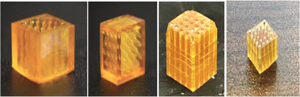 Pseudo-Fractal 초경량 구조체 내의 3D thermal metamaterial 기능 구현을 위한 개별 모듈 제작 최적화 연구 진행. (좌)　단일 composite 기반 제작 테스트,（우) 열전달 담당 원통형 구조 삽입 후 최종 개별 모듈 프로토타입
