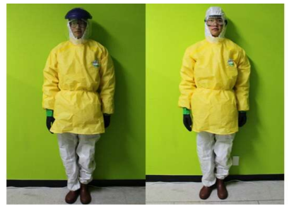 다량의 과산화수소 취급 시 필요한 PPE의 착용 모습 : (좌) 안면 보호구 착용, (우) 고글 착용