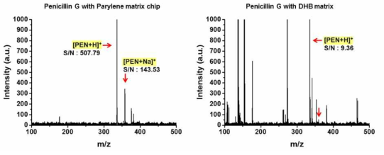 파릴렌 매트릭스 칩(좌)과 유기 매트릭스 DHB(우)를 사용한 페니실린의 말디톱 질량분석도.