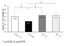 Saline+dexa, HL control, HA+dexa, MPEG+dexa 각 그룹별 유모세포수 정량분석