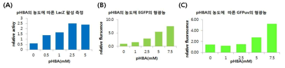 pHBA 농도에 따른 HTS system의 reporter의 발현 측정, LacZ(A), EGFP(B), GFPuv(C)