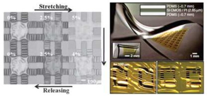 성균관대 안종현 교수 연구팀에서 개발한 stretchable ZnO TFT(Adv. Func. Mater., 2010, 왼쪽)와 UIUC Rogers 그룹에서 개발한 실리콘 나노 박막 기반의 stretchable integrated circuits (Science, 2008, 오른쪽)