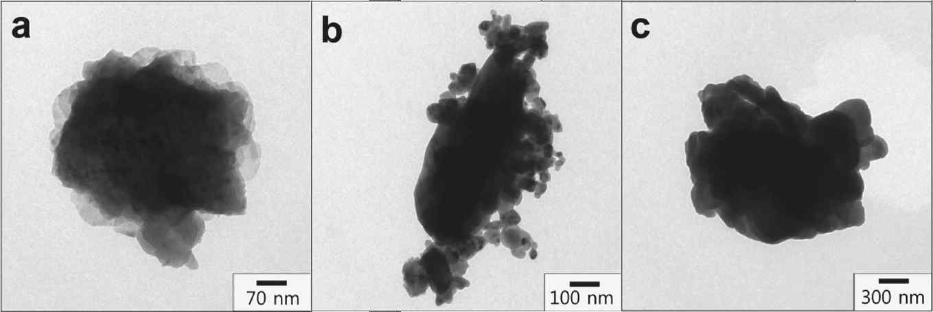 0.5Li2MnO3·0.5LiNi0.5Co0.2Mn0.3O2의 각 온도에서의 열처리 후 분석 한 BF image; (a) 400 °C, (b) 700 °C, (c) 1,000 °C
