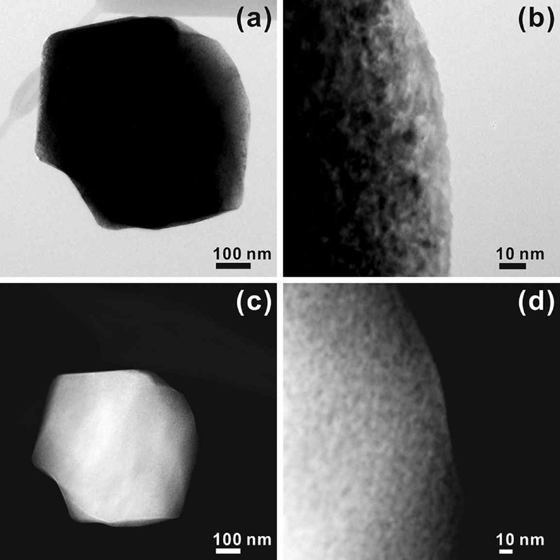 90% 충전된 NCA소재의 particle (a), (c) 전체, (b), (d) 표면에서의 bright field image 및 STEM-HAADF image