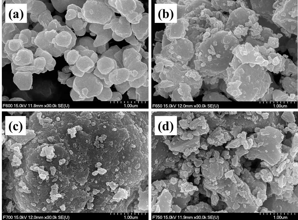 SEM images of Li2CoPO4F materials obtained at different temperatures by sol-gel method. Pre-calcined samples at 400 ℃ for 10 hrs were recalcined at (a) 600, (b) 650, (c) 700, and (d) 750 ℃ for 1.5 h