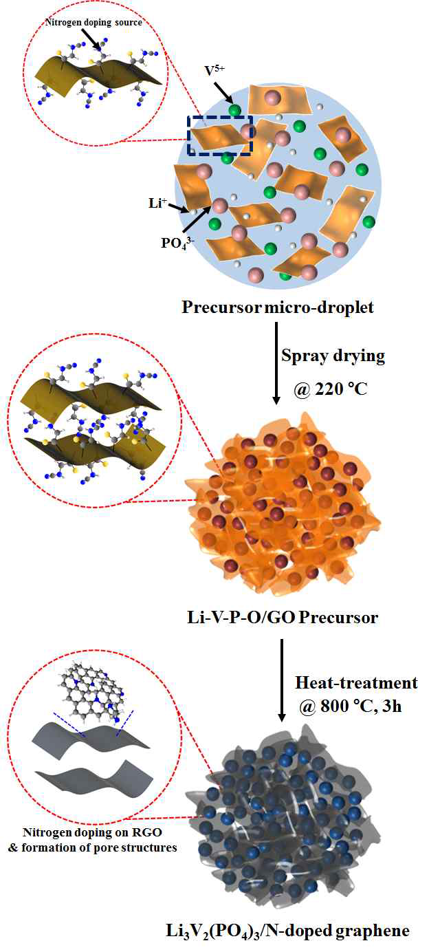 분무건조법을 이용한 micrometer 크기 의 구형 Li3V2(PO4)3/N-doped graphene 복합소 재 합성 모식도