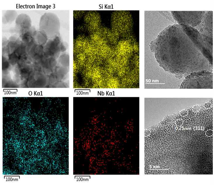 nano-Si @10wt.% Nb2O5 분말에 대한 TEM/EDS images