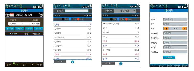 식약처에서 개발한 칼로리코디 앱의 화면 구성