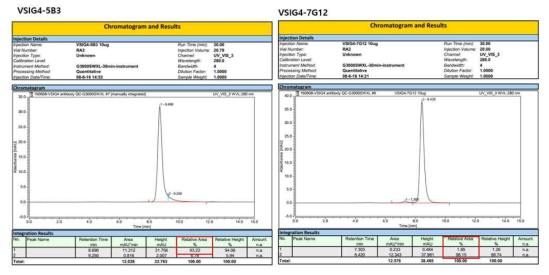 VSIG4 항체 5B3와 7G12의 SEC-HPLC 분석 결과
