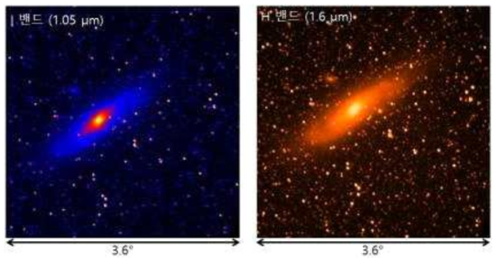 2013년 12월 17일 관측한 안드로메다 은하의 I 밴드(좌)와 H 밴드(우) 영상.