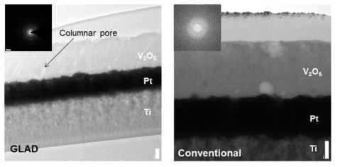 GLAD 증착한 V2O5 나노선과 치밀한 박막의 TEM 결과