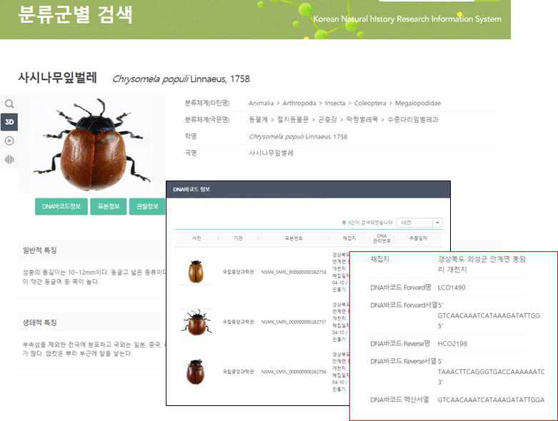 나리스 자연사 DNA 콘텐츠정보 제공 화면