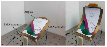 본 연구진의 금속 양방향 안정성 구조체과 형상 기억 합금 코일 스프링 구동기를 사용한 형상 가변 메커니즘에 플렉서블 디스플레이를 부착하여 테스트 해 보았음