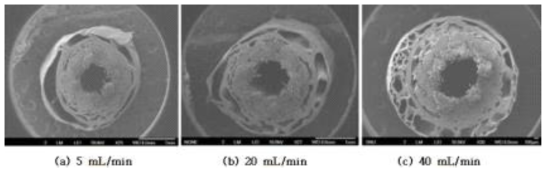 다양한 비용매 주입 속도에 따른 중공사막의 단면 구조 변화.