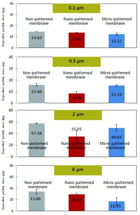 평판형, 나노 그리고 마이크로 패턴형 분리막에서의 다양한 크기의 입자들의 부착량.