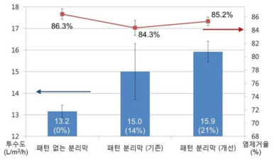 패턴형 역삼투막의 수투수도 및 염제거율