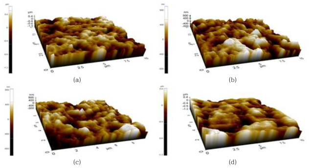 AFM 이미지 (a) MINs 코팅 없는 분리막, (b)점도 2.1 cP의 MINs, (c)점도 1.6 cP의 MINs, (d) 점도 1.3 cP의 MINs 코팅 분리막.