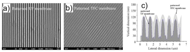 a) 지지층용 패턴 UF 분리막과 b) 패턴 NF/RO 분리막의 SEM 이미지, c) 패턴 NF/RO 분리막의 모식도와 패턴 크기.