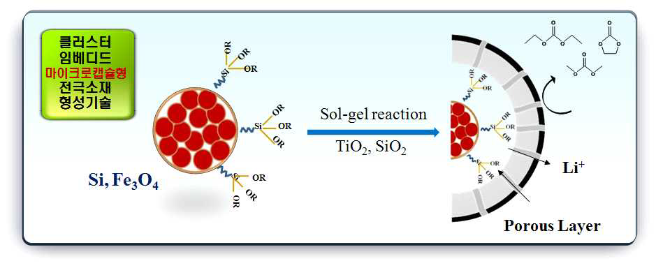 The schematic diagram of sol-gel process for the fabrication of micro-capsule electrode consisting of Fe3O4 cluster core and titania shell.