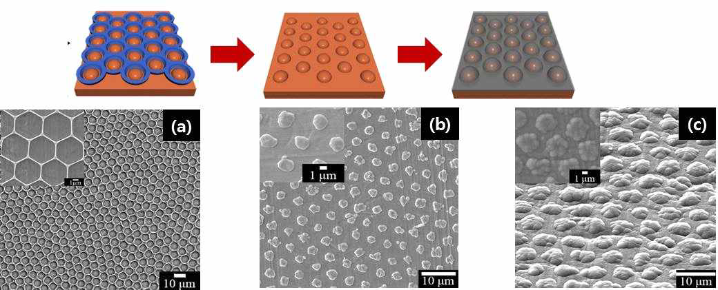 Hemisphere 전극소재 제조 (a) template제조, (b) 동 도금 후 template 제거, (c) 인 도핑 된 실리콘 증착
