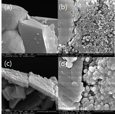 Pristine LiNi0.5Mn1.5O4 전극(a:cross section view, b:top view)과 SnO2가 증착된 LiNi0.5Mn1.5O4 전극(c:cross section view, d:top view)의 SEM 사진.