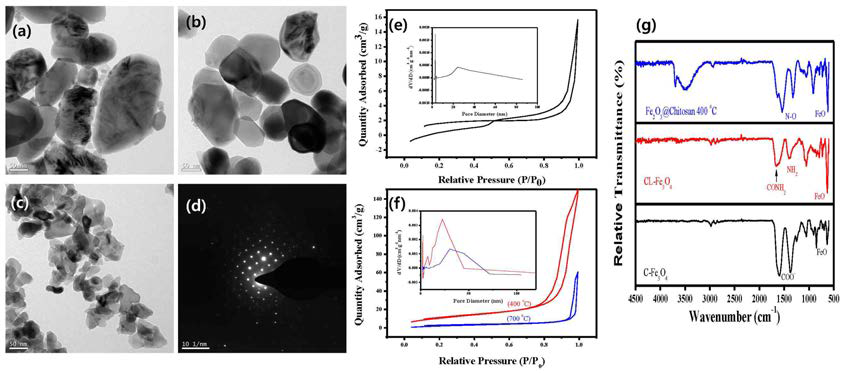 TEM images of (a) bare Fe2O3, (b) Fe2O3@Chitosan (400 ℃), (c) Fe2O3@Chitosan (700 ℃), (d) SAED of bare Fe2O3, N2 adsorption-desorption isotherms: (e) bare Fe2O3, (f) Fe2O3@chitosan (400 ℃), (g) Fe2O3@chitosan (700 ℃), The inset indicates the pore size distribution of as-prepared samples according to Barrett-Joyner-Halenda (BJH) method.. (g) FTIR of as-prepared samples.