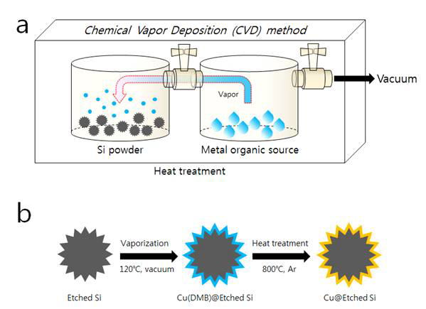 (a) 연구실에서 제작한 소형 CVD장비에 대한 모식도 (b) 에칭된 Si에 Cu(DMB)를 사용하여 Copper를 Si표면에 증착시키는 과정을 나타낸 모식도