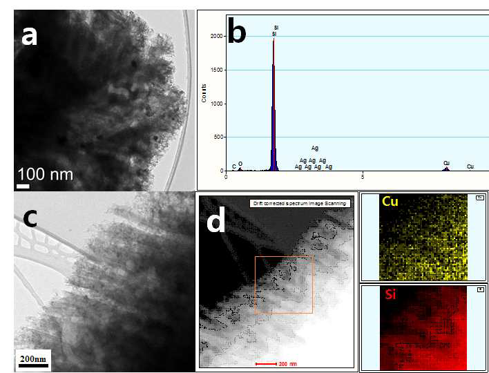 (a, b) Etched silicon의 TEM사진과 EDS분석 (c, d) Copper silicide가 표면에 형성된 silicon의 TEM사진 및 TEM mapping 사진 및 분석