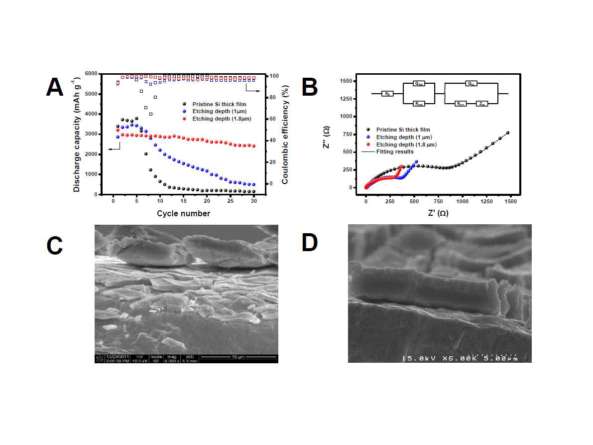 에칭 깊이에 따른 사이클 데이터와 나이퀴스트 플롯 B, 전기화학 반응후 표면 개질 유무에 따른 단면 이미지