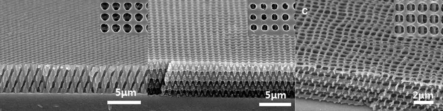 3차원 고분자 패턴, 3차원 고분자 패턴 표면에 실리카 코팅, 3차원 탄소 패턴의 전자현미경 사진