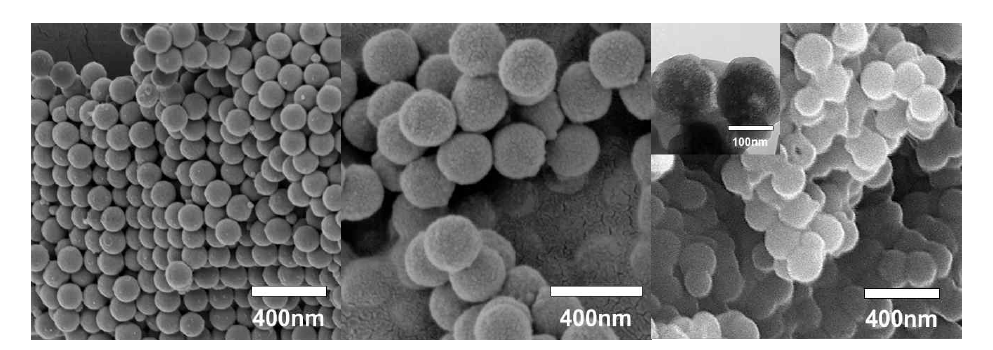 PS-PMMA의 합성 후, 가교 후, 탄화 후의 전자현미경 및 투과현미경 이미지