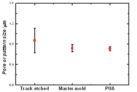 트랙-에치 분리막과 비교한 MINs 등방공경 분리막의 세공 크기
