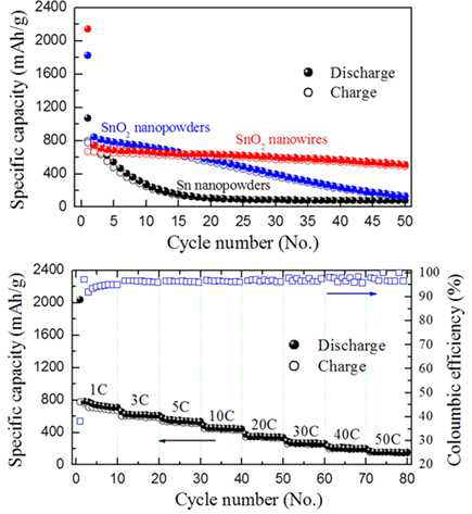 직접 성장된 SnO2 단일 나노선의 전기화학적 특성 측정 결과.