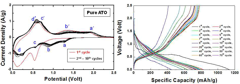 Ti 호일 위로 직접 성장된 ATO 나노선의 전기화학적 특성 평가/분석.