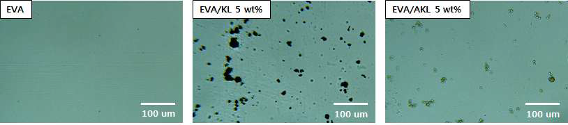 EVA, EVA/KL composite, EVA/AKL composite의 광학 현미경 분석 사진