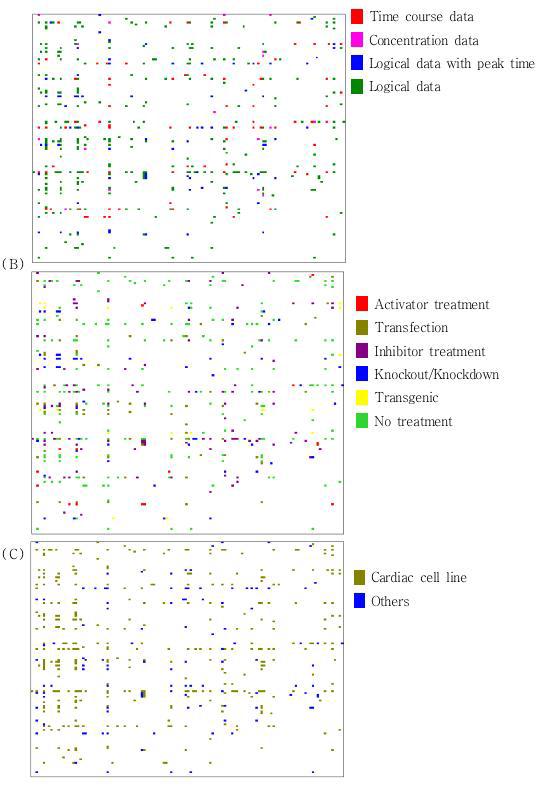 거대행렬을 통한 각 노드간의(A) 데이터의 성격(B) 특수실험정보(C) 세포주 분류에 따른 시각화