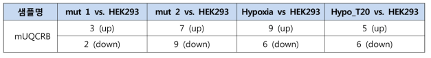 분석 pipeline(p-value2)에 따라 선별된 mUQCRB 관련 miRNA의 수