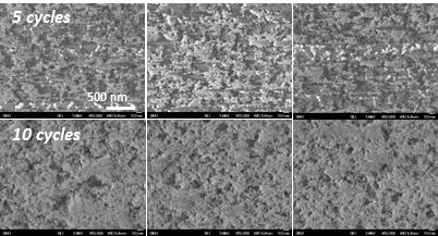 LBL 방법을 이용하여 5 사이클과 10 사이클 실험 진행 후 표면 SEM 이미지.
